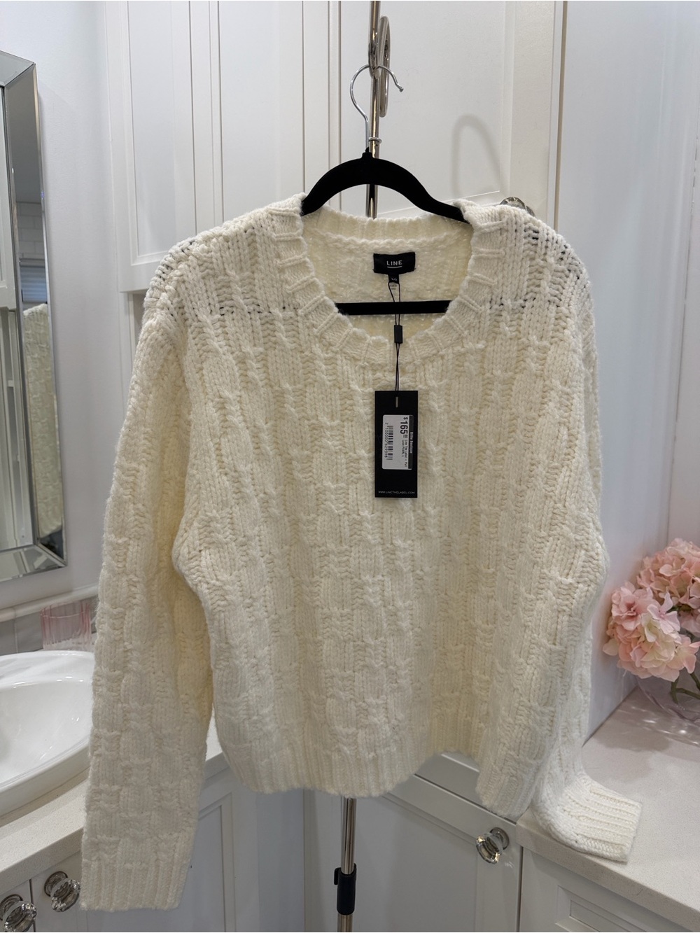Line Cable Knit Crewneck Sweater in Cream